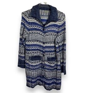 Joseph A Sweater Coat Duster Long‎ Cardigan Blue White Stripes Acrylic Size XL